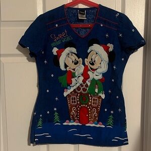 Disney Blue Holiday Minnie & Mickey Gingerbread Tee Scrub Top